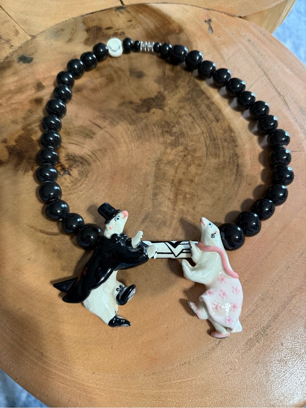 Vintage Parrot Pearls Handcrafted Black Beaded Necklace Dancing Bear Pendants